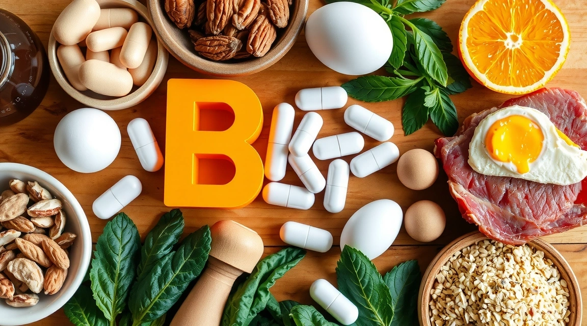Assortiment de vitamines B sous forme de compléments et d'aliments riches en vitamines B comme des légumes verts, des œufs et des céréales complètes, disposés de manière attrayante sur une table en bois.