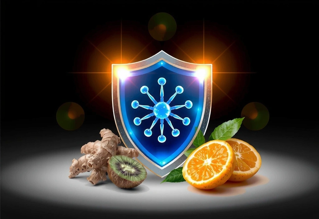Un bouclier lumineux symbolisant le système immunitaire, entouré d'éléments naturels comme des herbes médicinales et des vitamines.